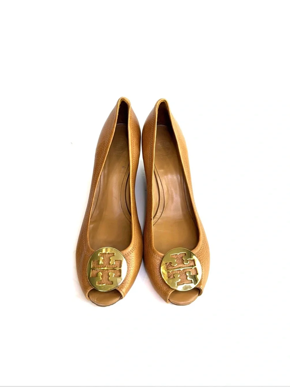Tory Burch ‘Sally’ Brown Leather Peep Toe Wedges Women Size 13 M Gold Medallion